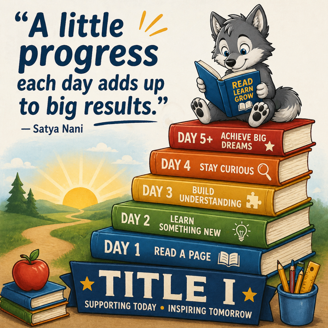 A Little Progress each day adds up to big results.Satya Nani with picture of a wolf reading book